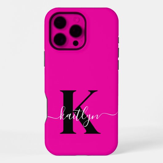 Modern Hot Pink Black Script Monogram iPhone Hoesje (Achterkant)