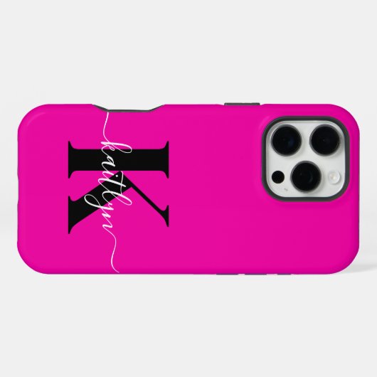 Modern Hot Pink Black Script Monogram iPhone Hoesje (Achterkant horizontaal)