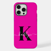 Modern Hot Pink Black Script Monogram iPhone Hoesje (Achterkant)