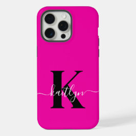 Modern Hot Pink Black Script Monogram iPhone 15 Pro Max Case