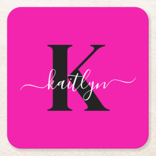 Modern Hot Pink Black Script Monogram Kartonnen Onderzetters