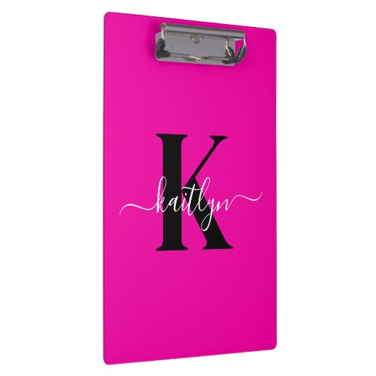 Modern Hot Pink Black Script Monogram Klembord (Rechts)