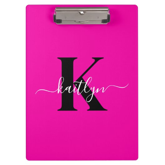 Modern Hot Pink Black Script Monogram Klembord (Voorkant)