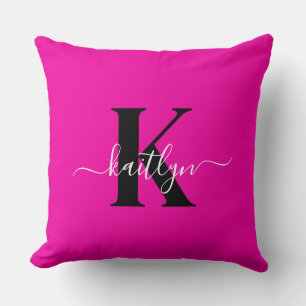 Modern Hot Pink Black Script Monogram Kussen