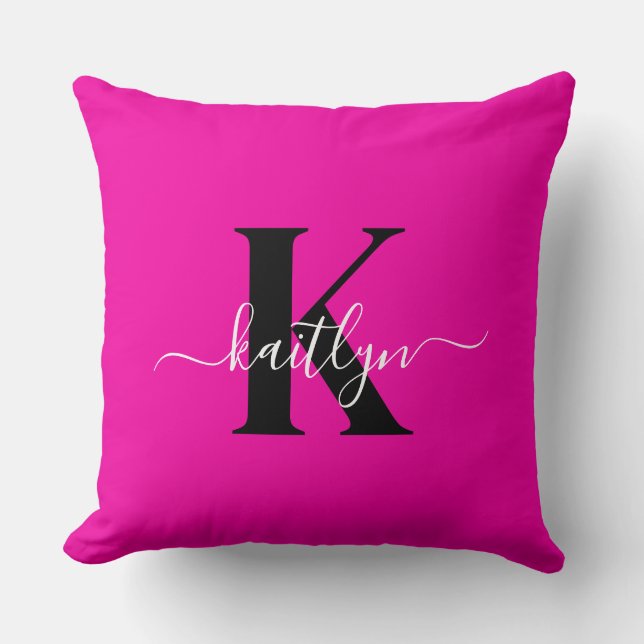 Modern Hot Pink Black Script Monogram Kussen (Voorkant)