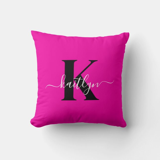 Modern Hot Pink Black Script Monogram Kussen (Voorkant)