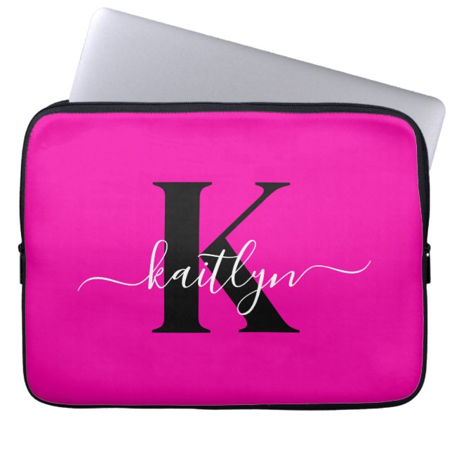 Modern Hot Pink Black Script Monogram Laptop Sleeve (Voorkant)