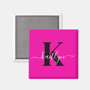 Modern Hot Pink Black Script Monogram Magneet
