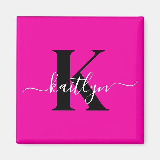 Modern Hot Pink Black Script Monogram Magneet (Voorkant)
