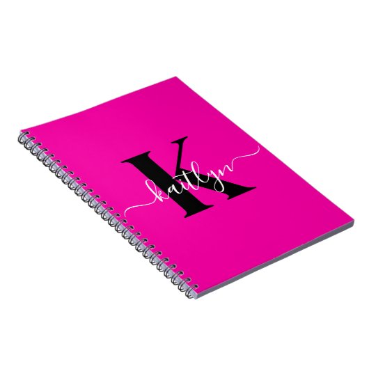 Modern Hot Pink Black Script Monogram Notitieboek (Rechterzijde)