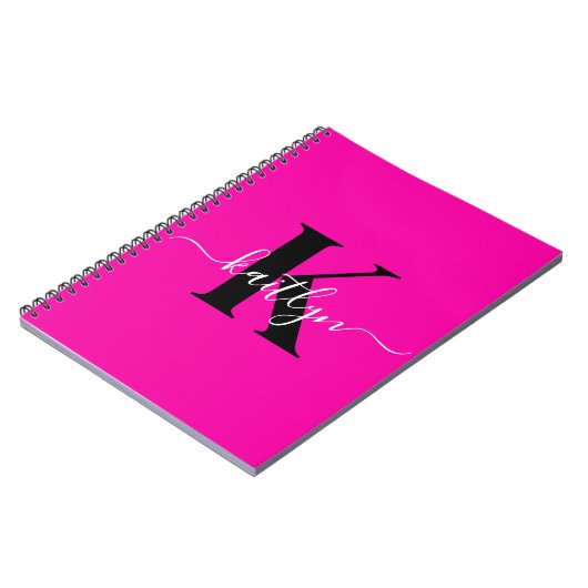 Modern Hot Pink Black Script Monogram Notitieboek (Linkerzijde)