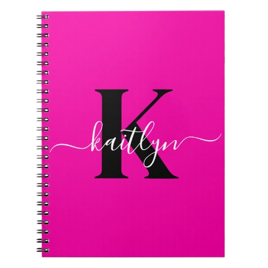 Modern Hot Pink Black Script Monogram Notitieboek (Voorkant)