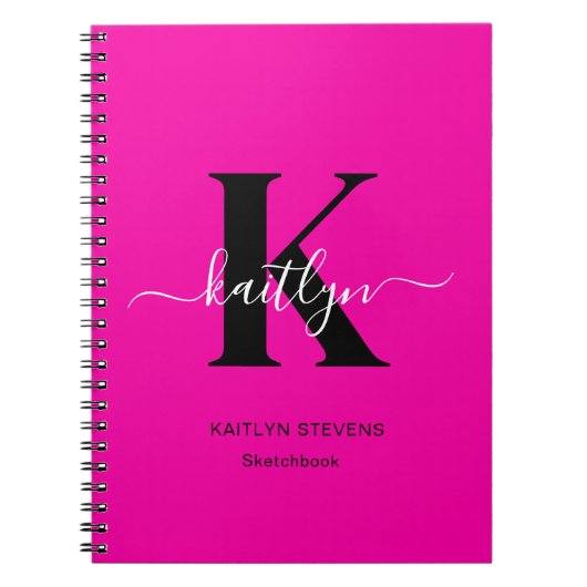 Modern Hot Pink Black Script Monogram Notitieboek (Voorkant)