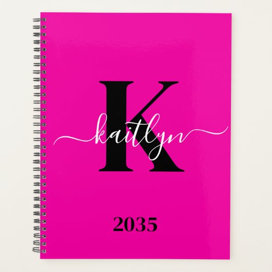 Modern Hot Pink Black Script Monogram Planner (Voorkant)