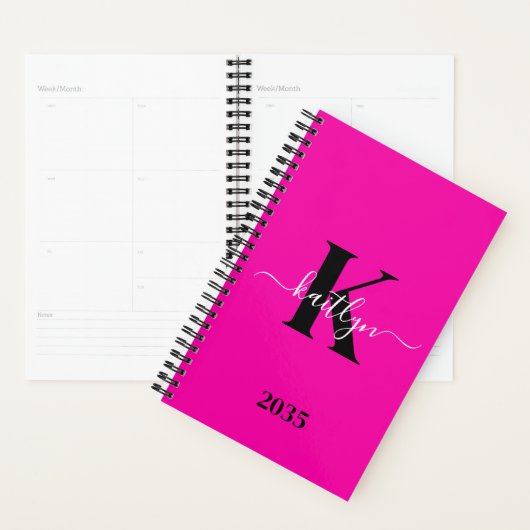 Modern Hot Pink Black Script Monogram Planner (Display)