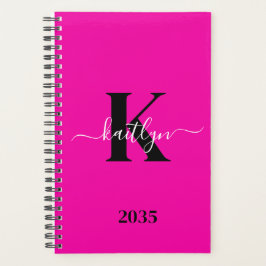 Modern Hot Pink Black Script Monogram Planner