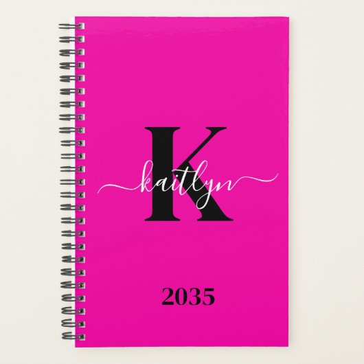 Modern Hot Pink Black Script Monogram Planner (Voorkant)