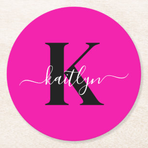 Modern Hot Pink Black Script Monogram Ronde Kartonnen Onderzetter