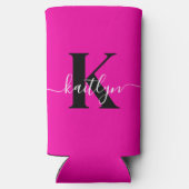 Modern Hot Pink Black Script Monogram Seltzer Blikjeskoeler (Achterkant)