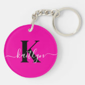 Modern Hot Pink Black Script Monogram Sleutelhanger (Achterkant)