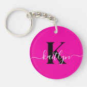 Modern Hot Pink Black Script Monogram Sleutelhanger (Voorkant)