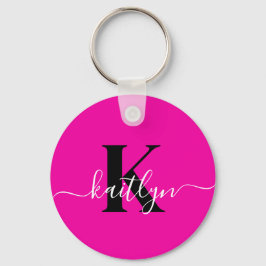 Modern Hot Pink Black Script Monogram Sleutelhanger