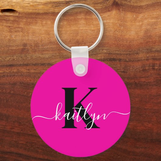Modern Hot Pink Black Script Monogram Sleutelhanger (Voorkant)