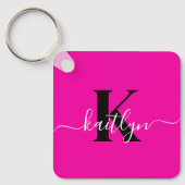 Modern Hot Pink Black Script Monogram Sleutelhanger (Voorkant)
