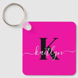 Modern Hot Pink Black Script Monogram Sleutelhanger