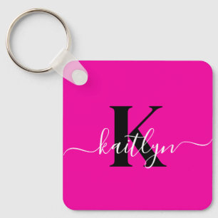 Modern Hot Pink Black Script Monogram Sleutelhanger