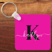 Modern Hot Pink Black Script Monogram Sleutelhanger (Voorkant)