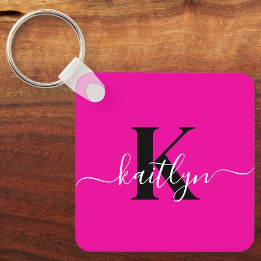 Modern Hot Pink Black Script Monogram Sleutelhanger (Voorkant)