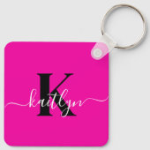 Modern Hot Pink Black Script Monogram Sleutelhanger (Achterkant)