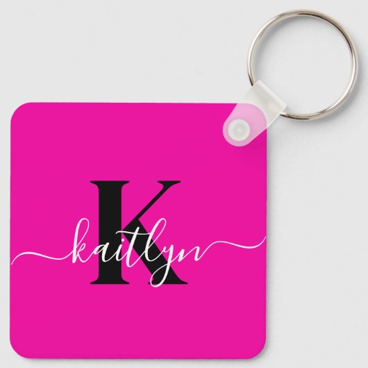 Modern Hot Pink Black Script Monogram Sleutelhanger (Achterkant)