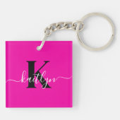 Modern Hot Pink Black Script Monogram Sleutelhanger (Achterkant)