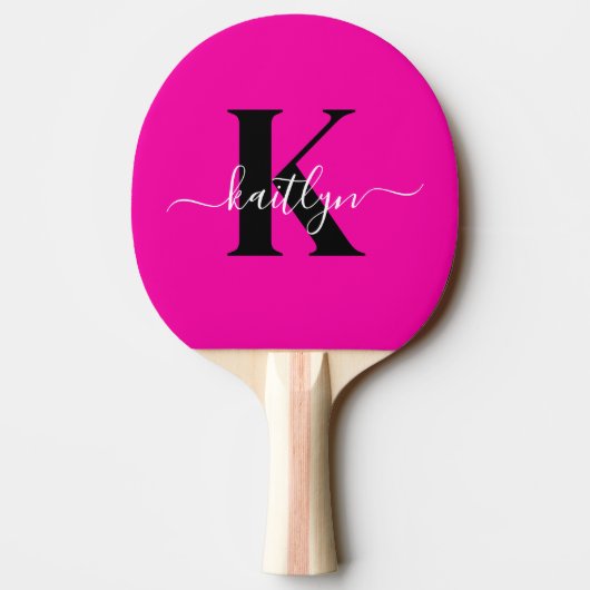 Modern Hot Pink Black Script Monogram Tafeltennisbatje (Achterkant)