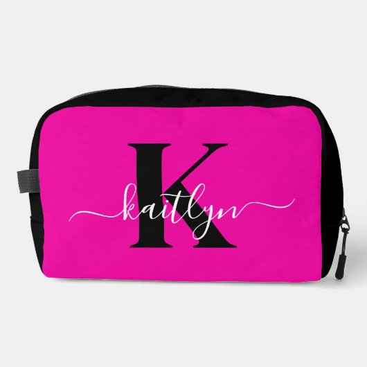 Modern Hot Pink Black Script Monogram Toilettasje (Voorkant)