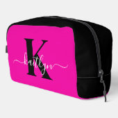 Modern Hot Pink Black Script Monogram Toilettasje (Rechterhoek)