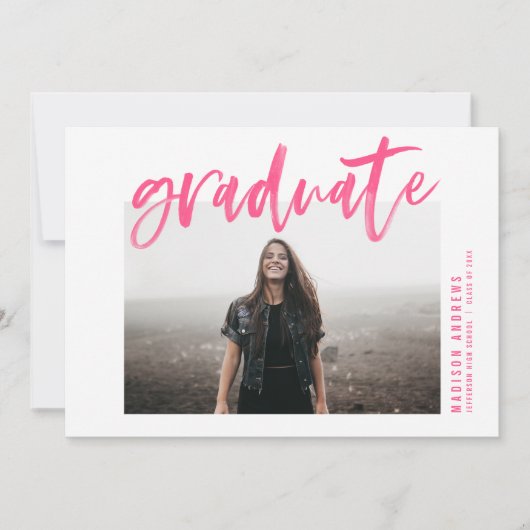 Modern Hot Pink Geborsteld Script Graduation Party Kaart (Voorkant)