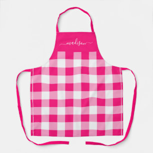 Modern hot pink gingham script naam schort