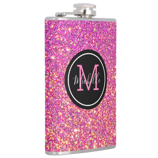 Modern Hot Pink Glitter Monogrammed Persoonlijk Heupfles (Rechts)