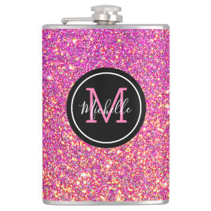 Modern Hot Pink Glitter Monogrammed Persoonlijk Heupfles