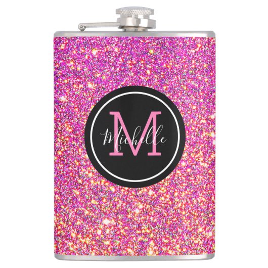 Modern Hot Pink Glitter Monogrammed Persoonlijk Heupfles (Voorkant)