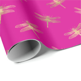 Modern Hot Pink Gold Dragonfly-patroon  Cadeaupapier