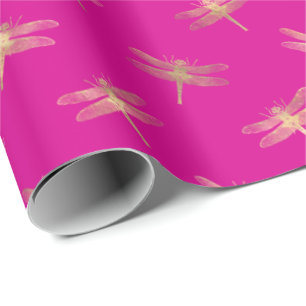 Modern Hot Pink Gold Dragonfly-patroon  Cadeaupapier