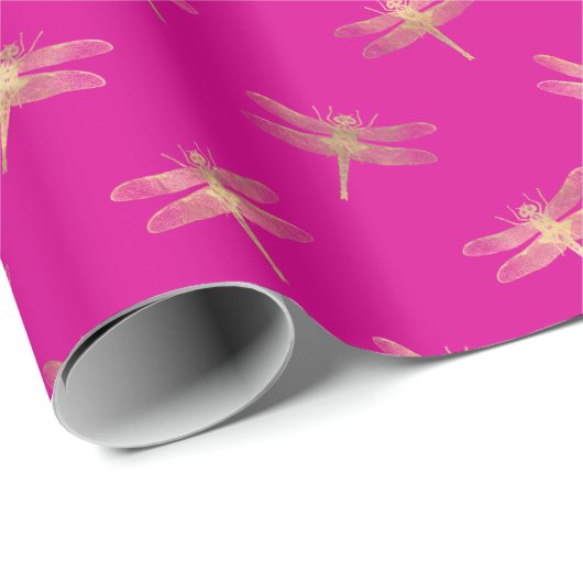 Modern Hot Pink Gold Dragonfly-patroon  Cadeaupapier (Rol Hoek)
