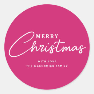 Modern Hot Pink Merry Christmas Script Typografie Ronde Sticker