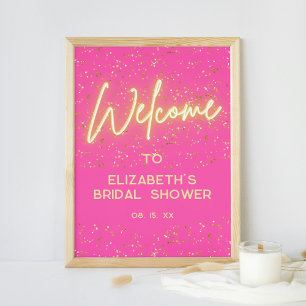 Modern Hot Pink Neon Glow Gold Glitter Welkom Poster