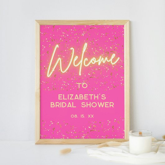 Modern Hot Pink Neon Glow Gold Glitter Welkom Poster