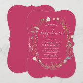 Modern Hot Pink Script Wildflower Baby shower Kaart (Voorkant / Achterkant)
